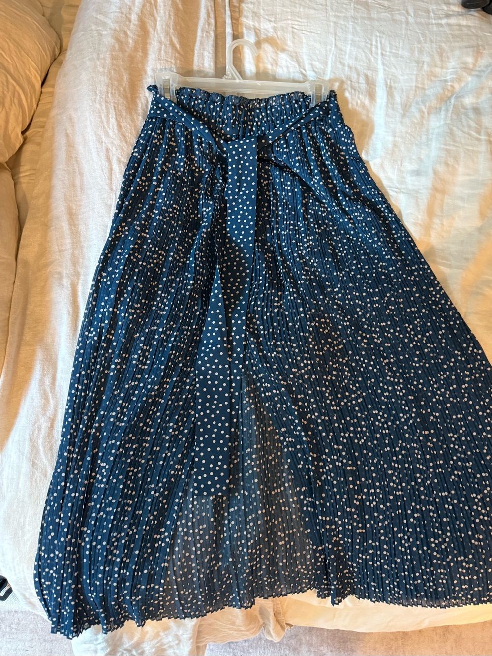 Zara Navy Blue Polka Dot Pleated Maxi Skirt